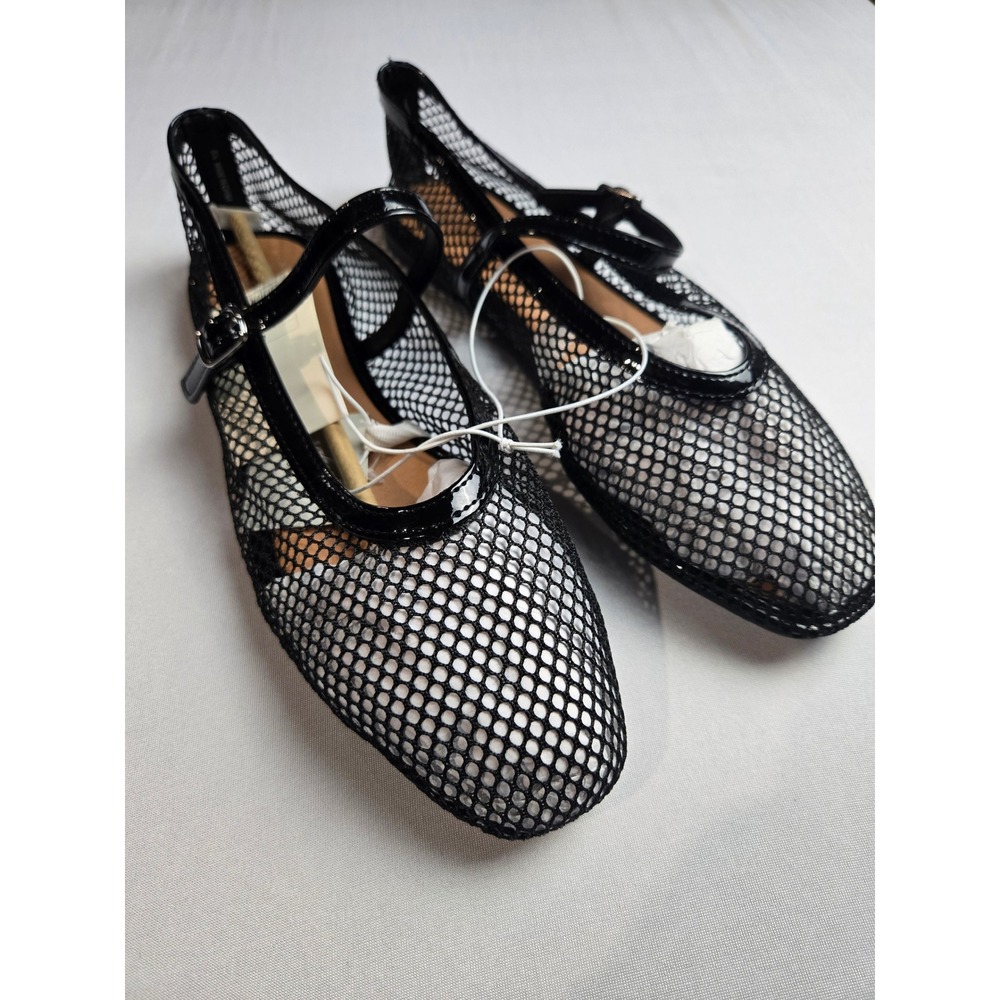 A New Day Issa Fishnet Mary Jane Flats Jet Black Patent Trim Memory Foam 8.5